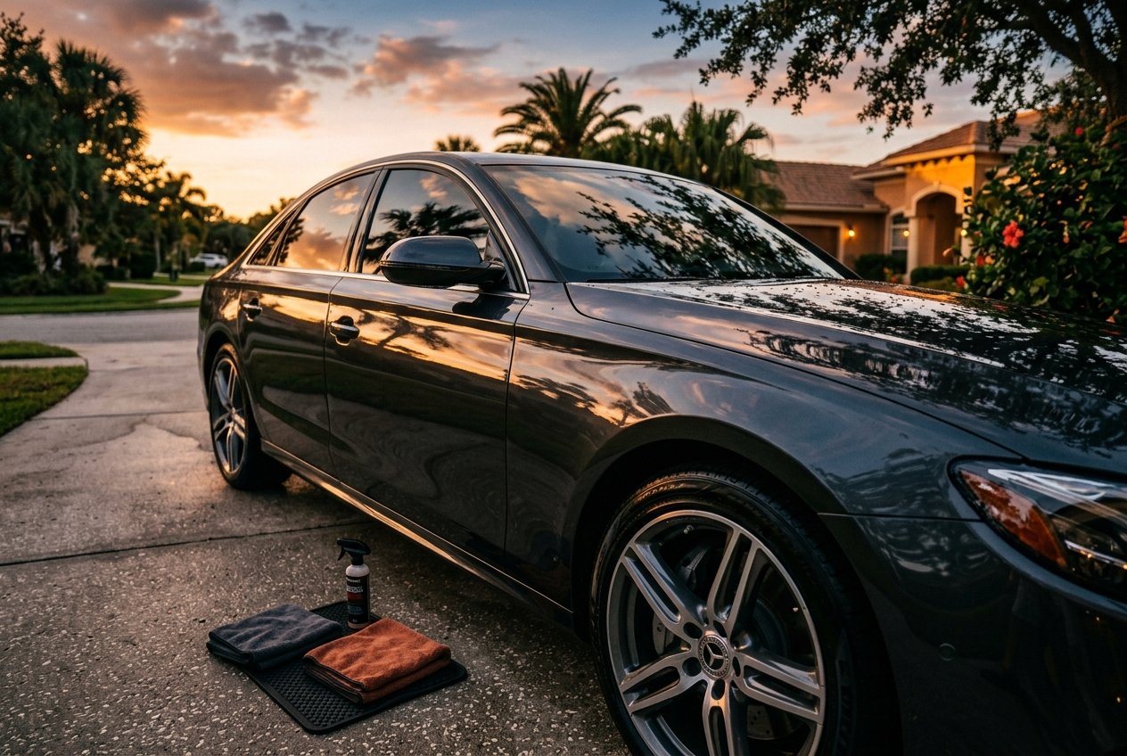 Freshly detailed sedan in a Florida driveway, paint reflecting palm trees like a mirror